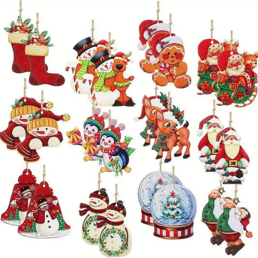 1/24/36pcs Wooden Christmas Ornaments, Farmhouse Hanging Decor, Vintage Santa Snowman, Christmas Tree Pendants for Home Party