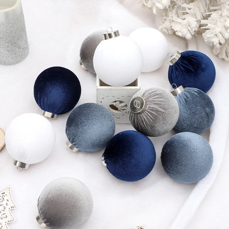 Blue Velvet Christmas Ornaments Ball Christmas Tree Ball Ornaments Plastic Decorative Christmas Tree Hanging Ball for Xmas Home
