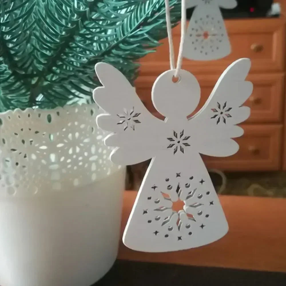 10Pcs Cute Wooden Crafts Christmas Tree Hanging Ornaments Wood Cutouts Christmas Decoration DIY Supplies Crafts Angel Styling