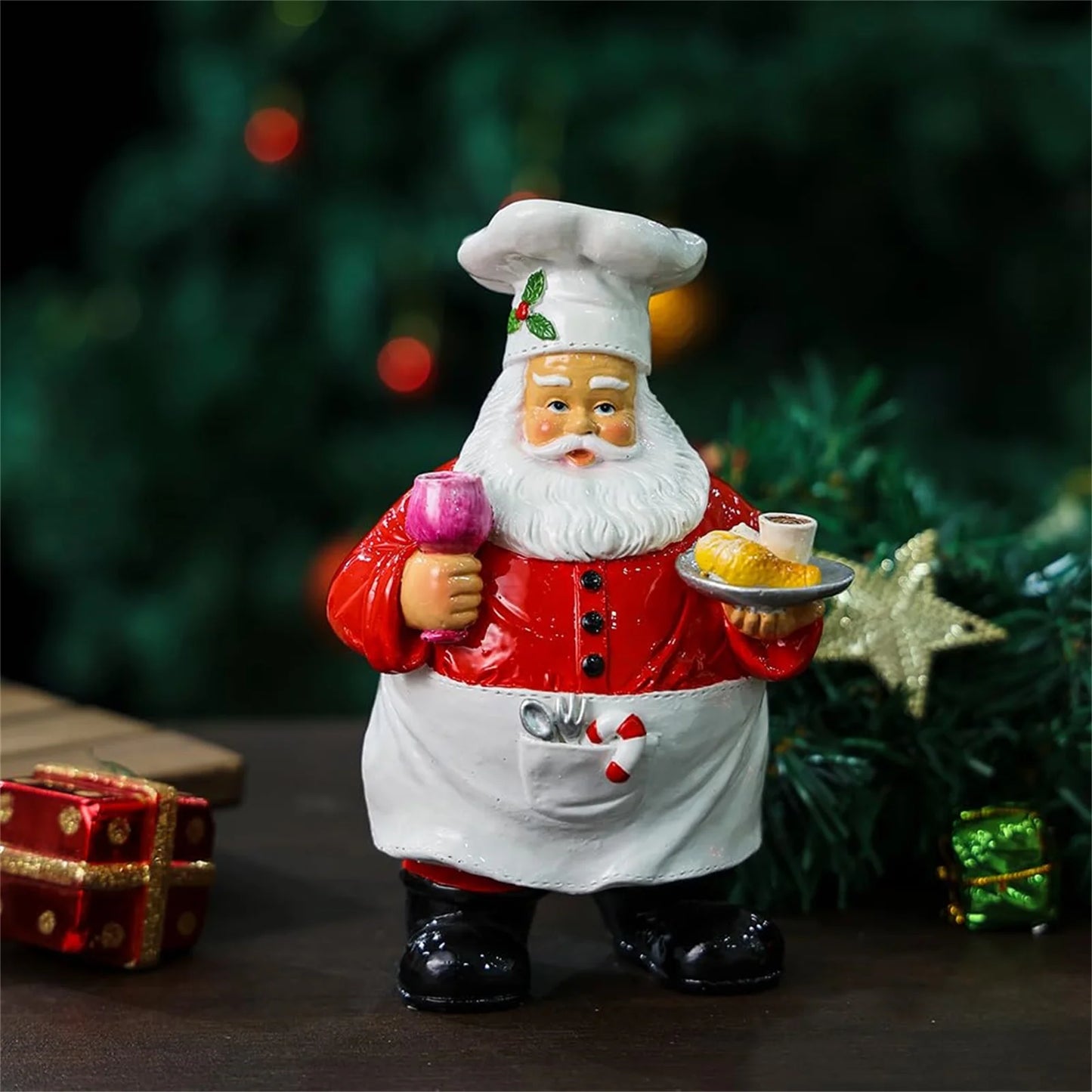 Christmas Chef Santa Claus Statue Holding Food Kitchen Desktop Ornament Holiday Gift For Friend Christmas Atmosphere Decoration